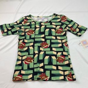 LuLaRoe Christmas Shirt SZ L classic Top Green Teddy Bears Santa Hats Christmas